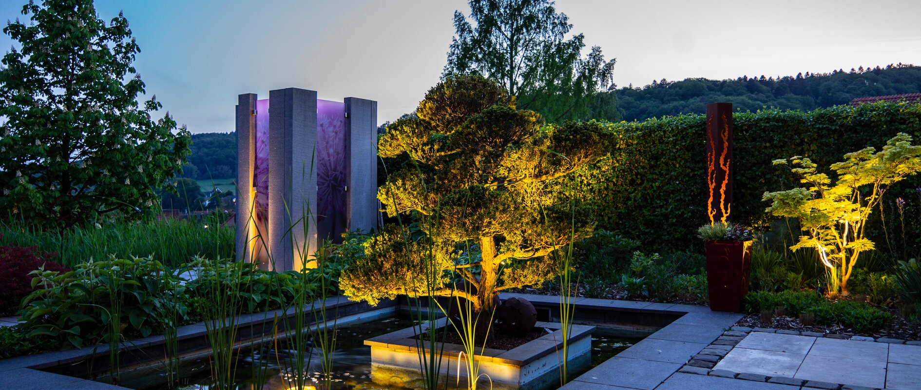 Mustergarten bei Nacht Teich, Bonsai, Beleuchtung, Pool, Mustergarten