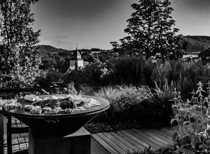 Grillplatte im Privatgarten mit Holzterrasse und Swimmingpool - Poolbauer in Marburg Poolbau mit Holzterrasse Grill und Bäumen in Dautphetal Buchenau