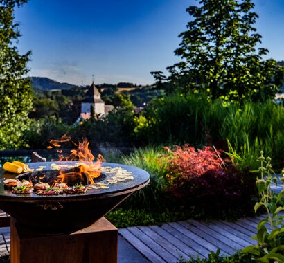 Grillplatte im Privatgarten mit Holzterrasse und Swimmingpool - Poolbauer in Marburg Poolbau mit Holzterrasse Grill und Bäumen in Dautphetal Buchenau